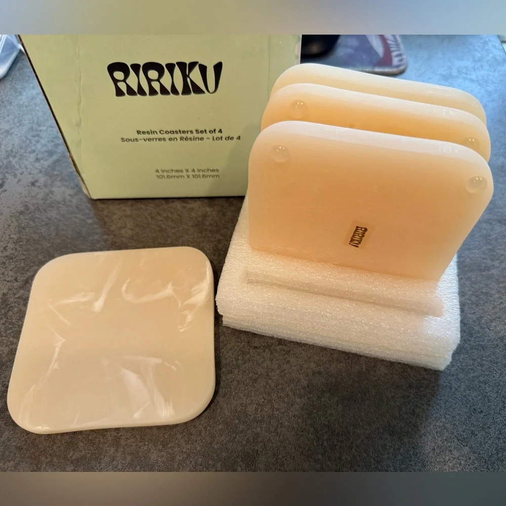 RIRIKU Set of Four Resin Coasters, Brand New in Box
